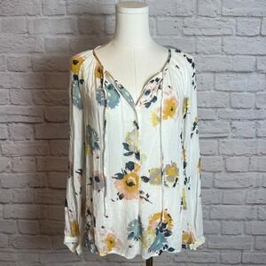 Lucky Brand Ivory Floral Long Sleeve Blouse Women's Small Boho Cottage